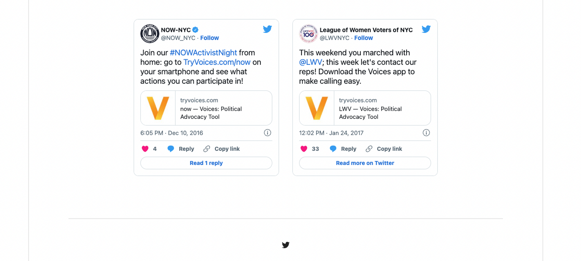 Voices website screenshot showing tweets from NOW-NYC and League of Women Voters of NYC.