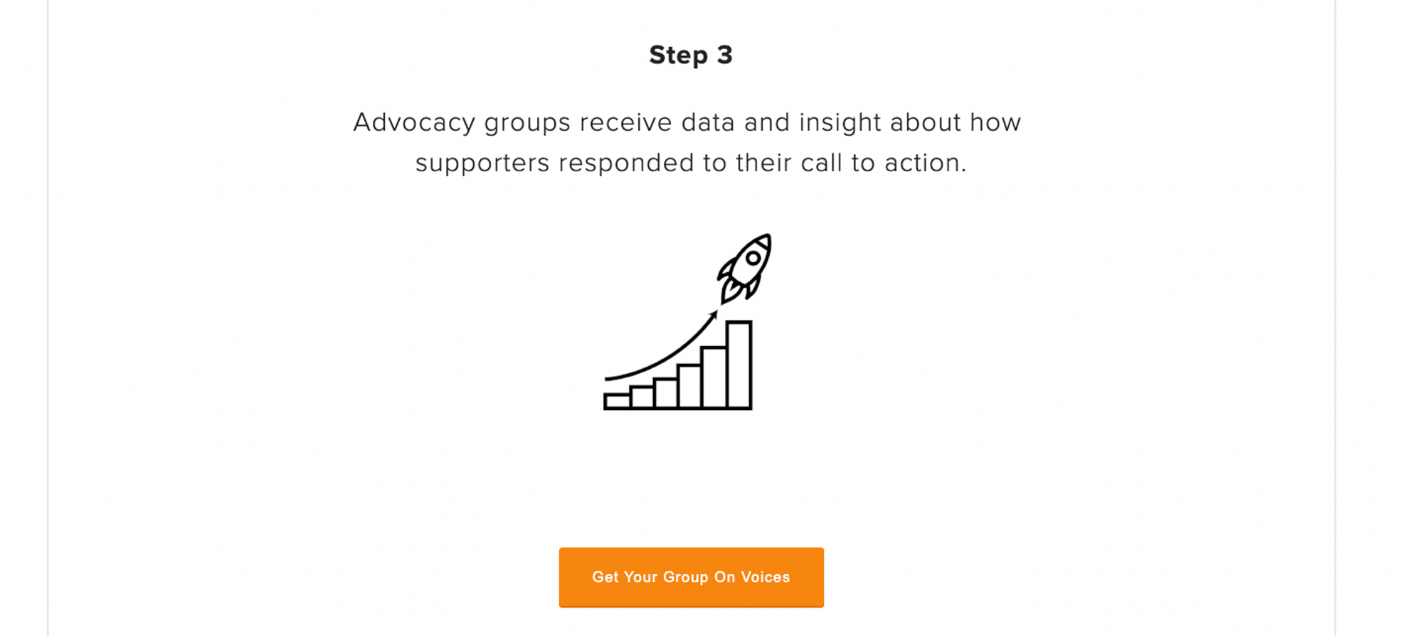 Voices website screenshot showing step 3 and advocacy group data insight copy.