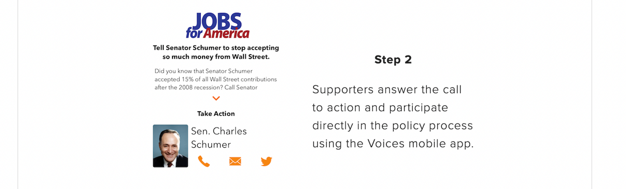 Voices website screenshot showing step 2 and a Jobs for America action interface.