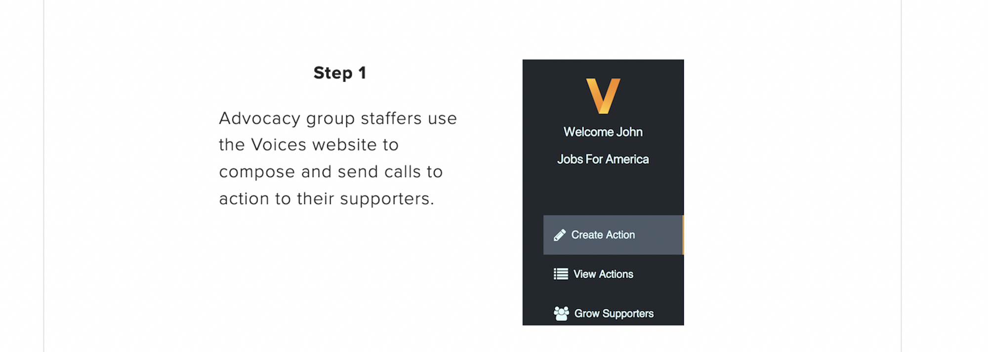 Voices website screenshot showing step 1 and the Voices web dashboard navigation.