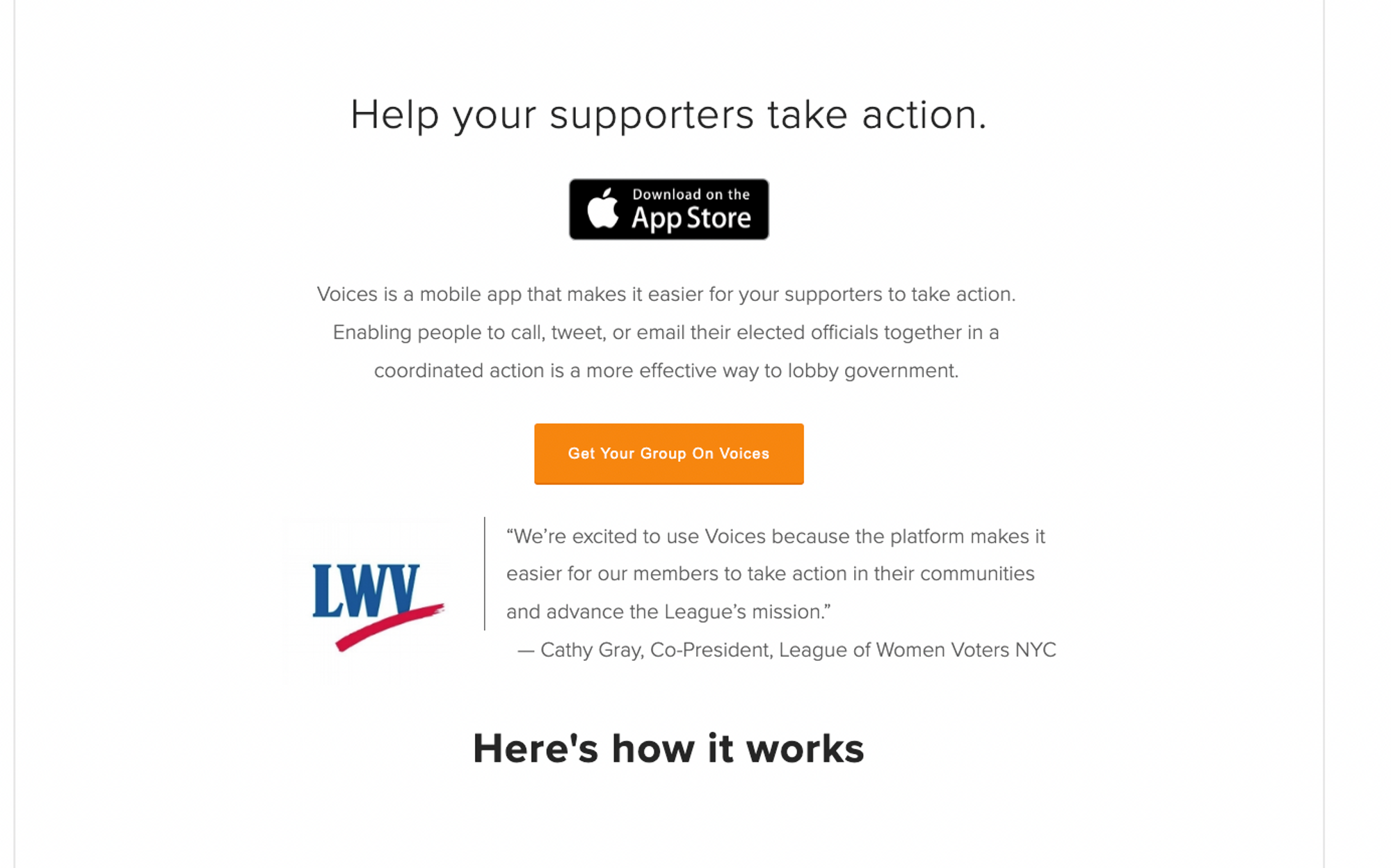 Voices website screenshot showing app download, League of Women Voters quote, and how it works heading.
