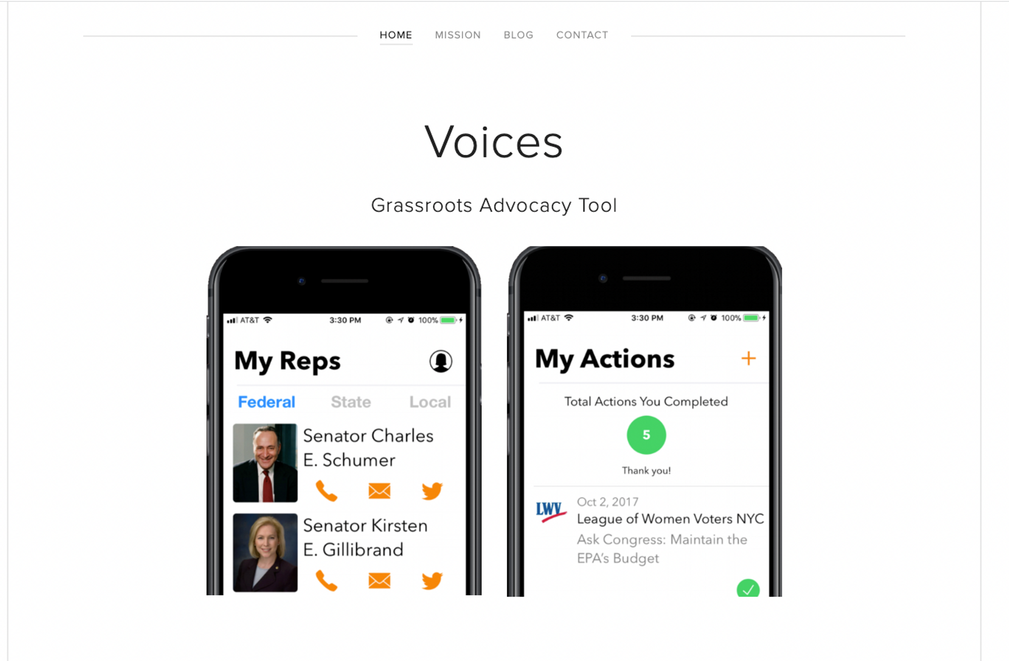 Voices website screenshot showing the homepage with two mobile app screens.